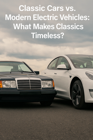 A classic Mercedes-Benz and a modern electric car sit side by side, contrasting timeless design with futuristic minimalism under a dramatic sky.